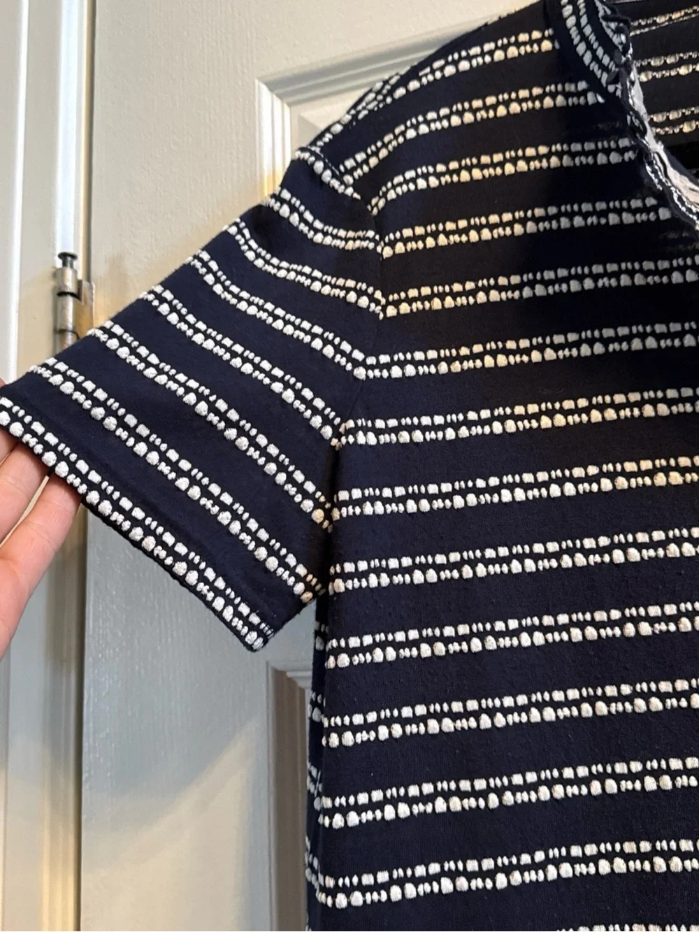 TORY BURCH LIDIA NAVY DASH STRIPE Ruffle Buttons polo style Shirt TOP SZ large